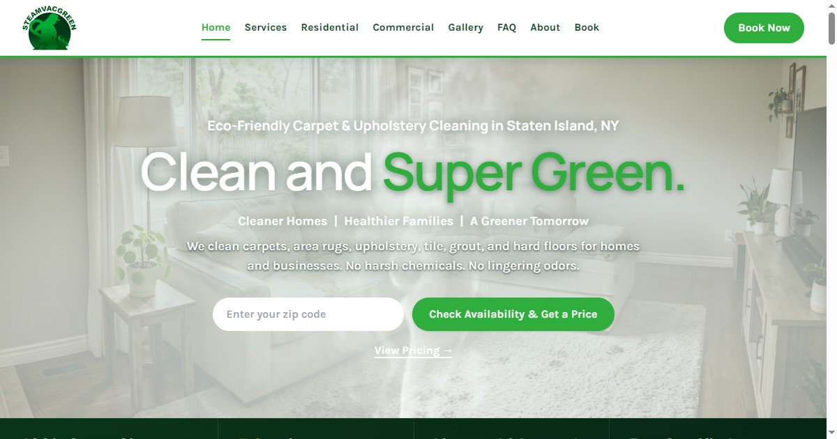 The steamvacgreen.com homepage: Clean and Super Green, with a zip code box to check availability and price